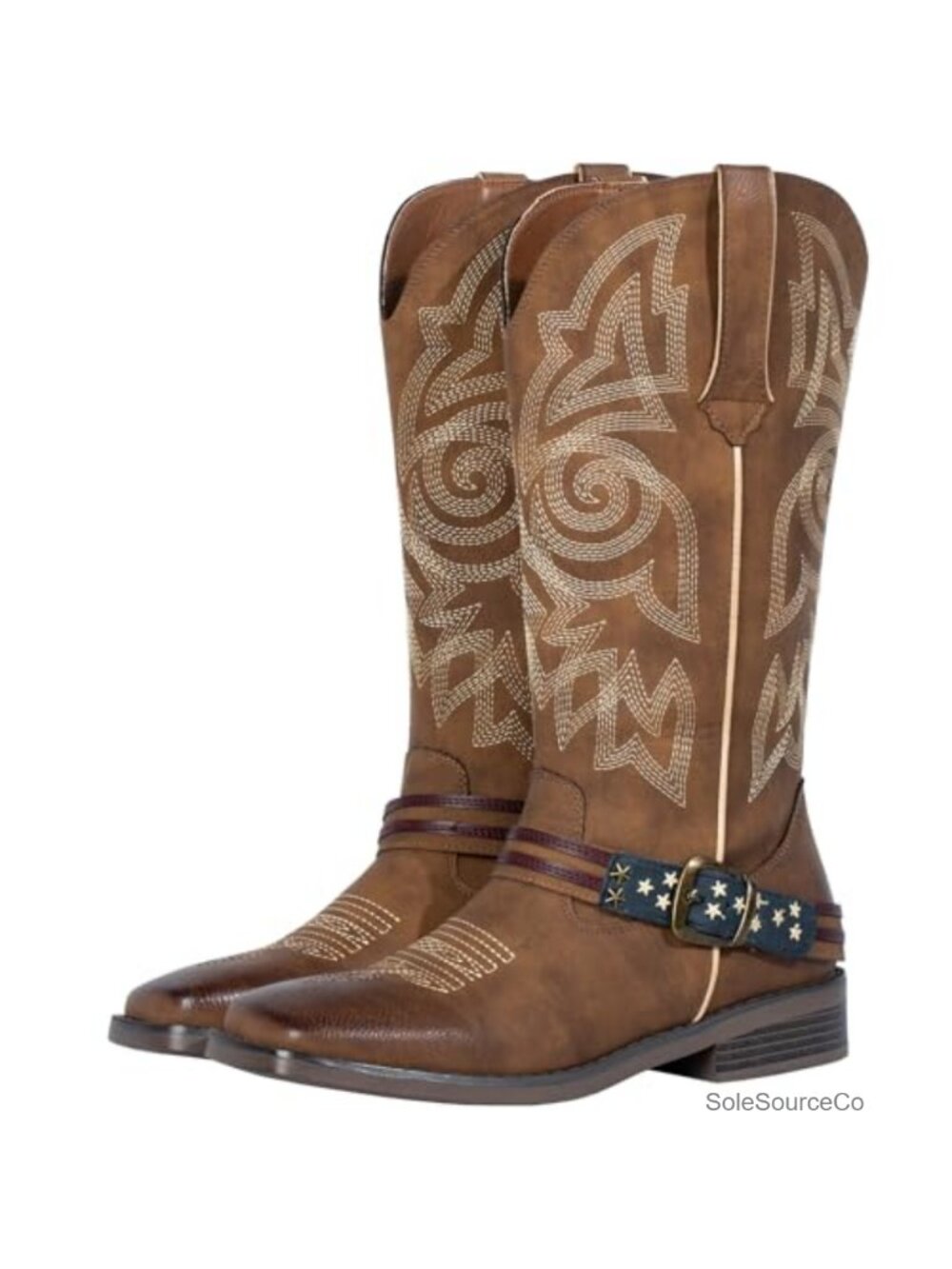 Wide Square Toe Western Cowboy Boots Faux Leather Mid Calf Block Heel